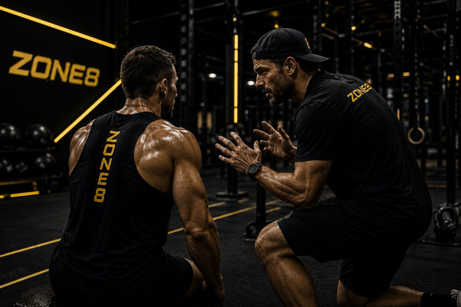 Coach guidant un athlète pendant une séance de préparation Hyrox et CrossFit